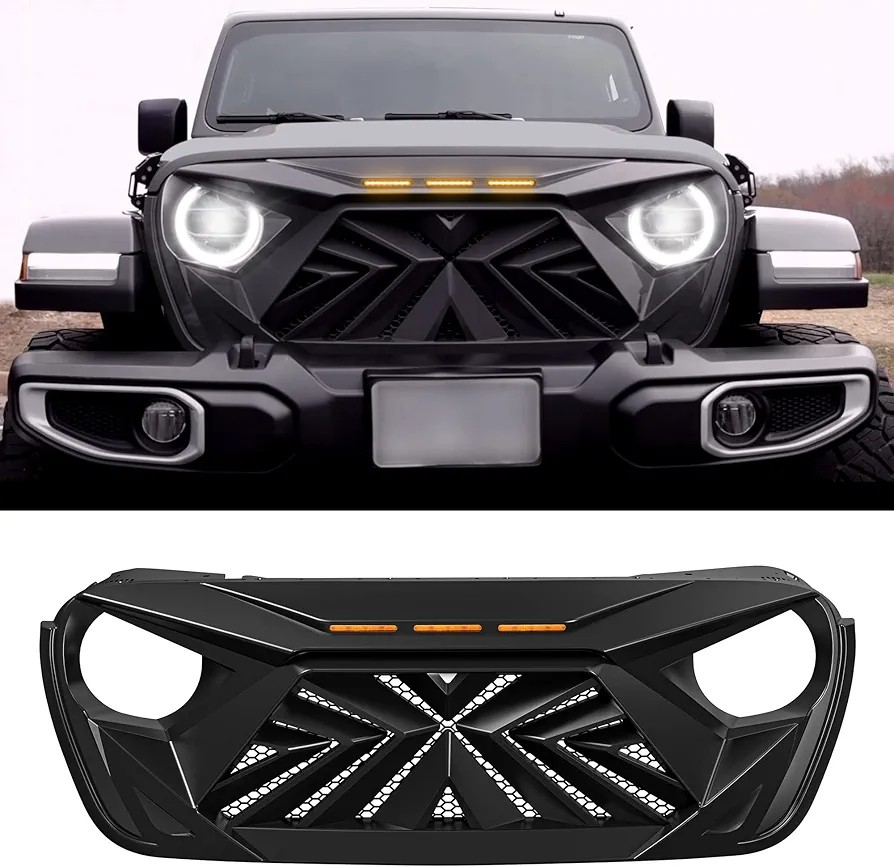 Seven Sparta Front Grill with 3 Amber LED Lights Compatible with 2018-2023 Jeep